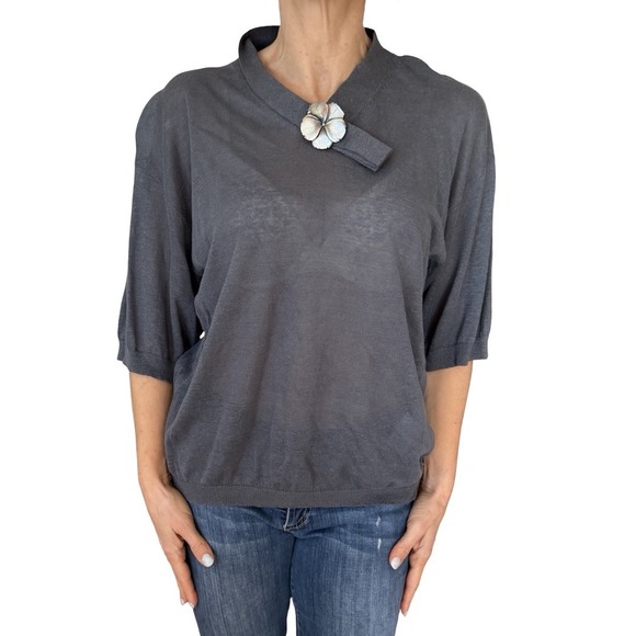 Valentino Sweaters - Women's Valentino Gray Linen Silk Short Sleeve Knit Sweater Top Flower Pin Small